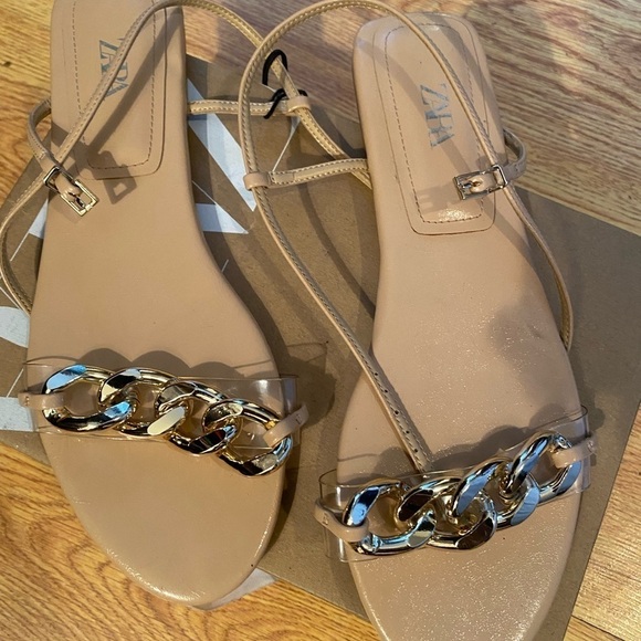 ZARA WOMEN CHAIN TRIM LOW HEELED SANDALS Beige SIZE US9/40 NEW With TAGS - Picture 8 of 9